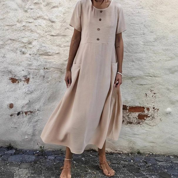 Women's Clothing Casual Loose Long Sleeve V Neck Pocket Party Cotton And Linen Dress For Women_ecoleips.com