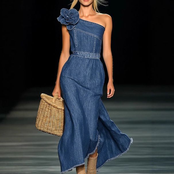 Elegant Strapless Denim Maxi Dress With 3d Floral Appliqués – 45° Bias Cut, Stretch Polyester, Timeless Blue (S-Xxxl)_ecoleips.com