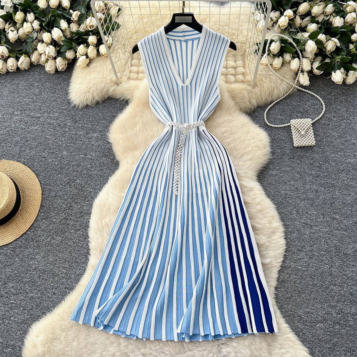 V-Neck Sleeveless Striped Knit Dress With Belt - Elegant A-Line Midi Dress For Women, Summer Casual Office Wear, Blue_ecoleips.com