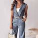 Women's Striped Wide Shoulder Sleeveless Lapel Commuter Jacket And Straight Leg Pants 2 Piece Set European American Style_ecoleips.com