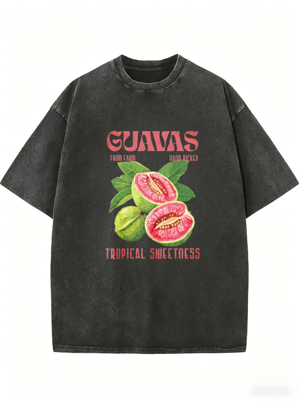 Tropical Guavas Fruit Letter Graphic | Vintage Dopamine Women T-Shirt Acid Washed Oversized Fit Summer Festival Holiday Outfit_ecoleips.com