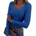 New Thread Groove Strip Slim Fit Long Sleeved Sexy U-neck Casual Women's T-shirt_ecoleips.com
