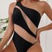 Women's One Piece Swimsuit European American Style Sexy One Shoulder Solid Color Patchwork Fashionable_ecoleips.com