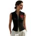 Elegant Sleeveless Rose Embroidery Zipper Vest Top For Women, Chic Stand Collar Fitted Cropped Jacket, Floral Decor Casual Wear_ecoleips.com