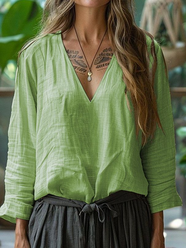 Women's Clothing Casual V Neck Long Sleeve Loose Pullover Solid Color Multicolor Tops T Shirt_ecoleips.com