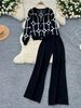 Women's Clothing Elegant Jacquard V-Neck Knit Cardigan & Pants Set Geometric Print, Long Sleeve, Stretch Comfort Fit (Rose Red/Black, S-XL)_ecoleips.com