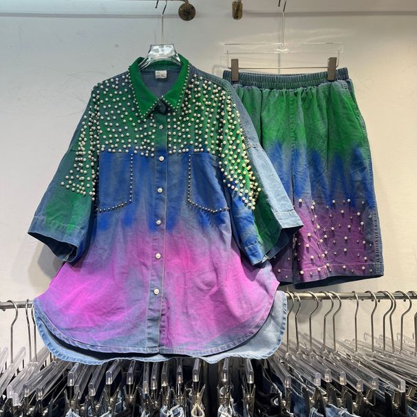 Women's Clothing Heavy Beaded Diamond Gradient Denim Short Sleeve Shirt Top Elastic Waist Denim Shorts Two Piece Set_ecoleips.com