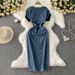 Retro Temperament Contrast Color Embroidery V Neck Denim Dress For Women Summer New Style Waist Slimming Slit Hip Long Skirt_ecoleips.com