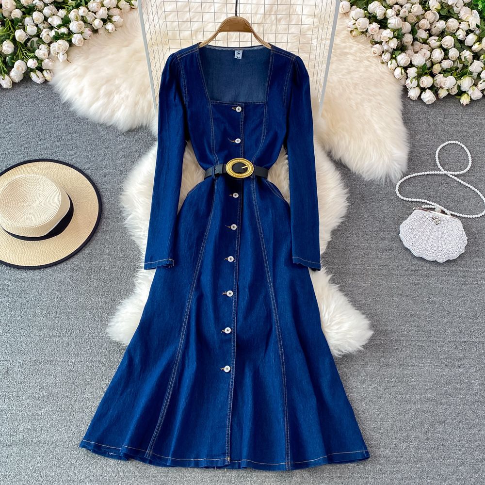 Women’s Clothing Square Neck Denim Dress Spring New Style Celebrity Temperament Goddess Style Waist Slimming Long Swing_ecoleips.com