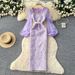 Women's French Style Puff Sleeve Dress Purple Rhinestone Embellished Slim Fit Elegant Lace Slit Dress Sophisticated Spring/Autumn_ecoleips.com