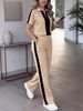 Women's Casual Spring/Summer Suit Collared Color Blocked Top with Elastic Waist Loose Fit Trousers Short Sleeve T-Shirt_ecoleips.com