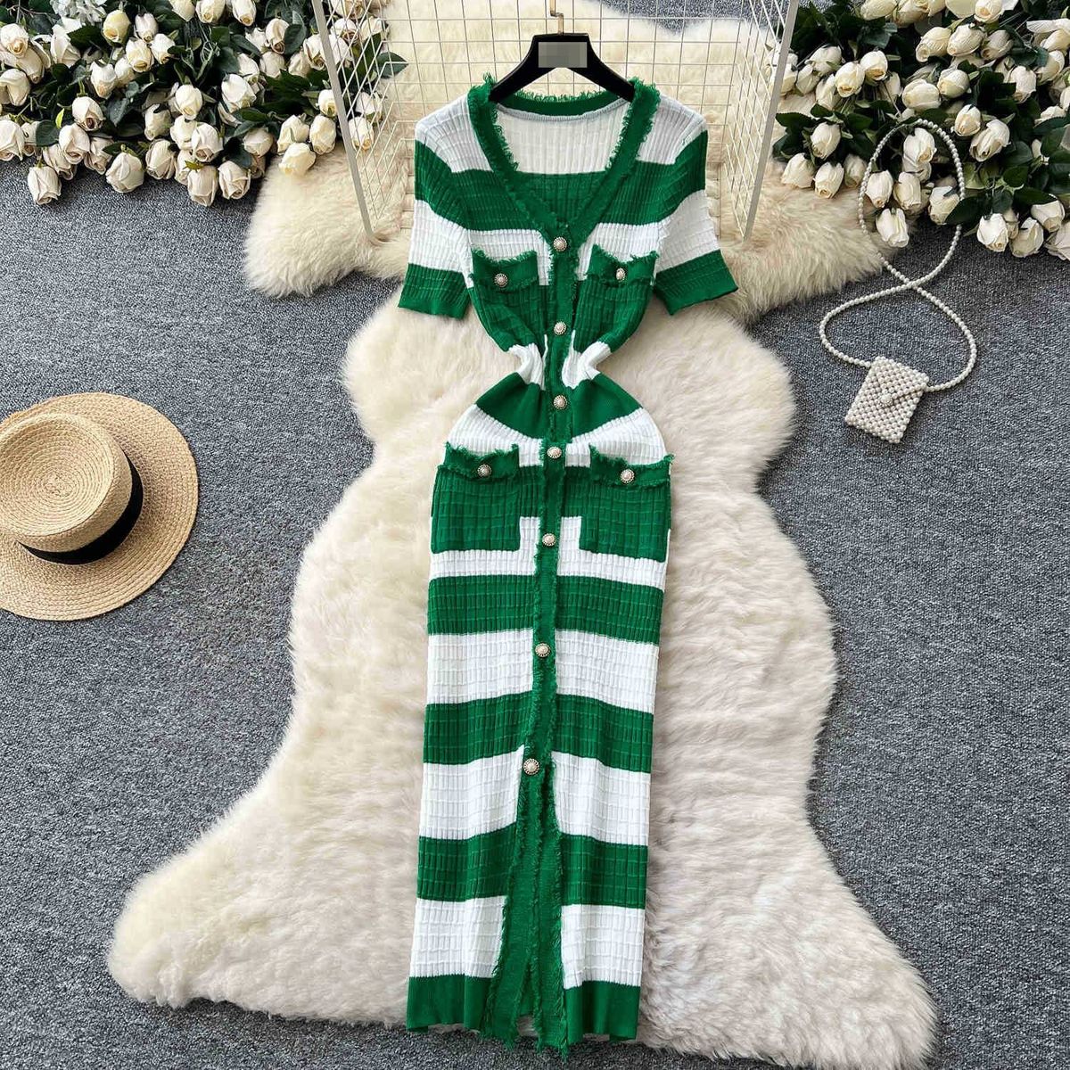 Xiaoxiang Style High-end Fringed V-neck Short Sleeved Knitted Dress For Women In Summer, With A Waist Cinched, Single Breasted, Slim Fit Long Skirt_ecoleips.com