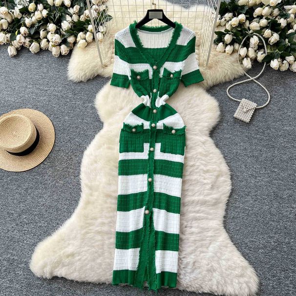 Xiaoxiang Style High-end Fringed V-neck Short Sleeved Knitted Dress For Women In Summer, With A Waist Cinched, Single Breasted, Slim Fit Long Skirt_ecoleips.com