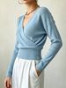 Sky Blue Deep V Wrap Pit Rib Knit Sweater, Loose Lightweight Breathable Soft Skin-touch Long Sleeve Waist Cuff Pullover_ecoleips.com