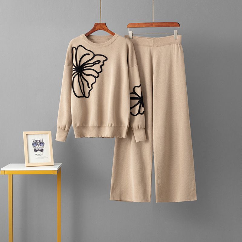 "Elegant Embroidered Knit Sweater & Wide Leg Pants Set For Women - Comfortable Casual Outfit"_ecoleips.com