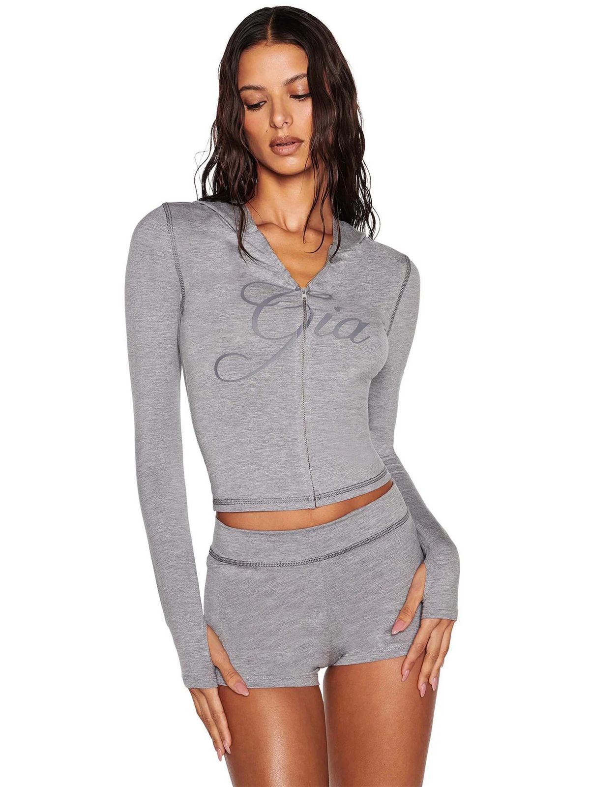 Women's Clothing Two Piece Set Printed Hooded Long Sleeve Top With Thumb Hole Buckle Slightly Flared Shorts_ecoleips.com