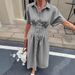 Women's Clothing Striped Shirt Dress Short Sleeved Midi Length Pleated Waist Slit_ecoleips.com