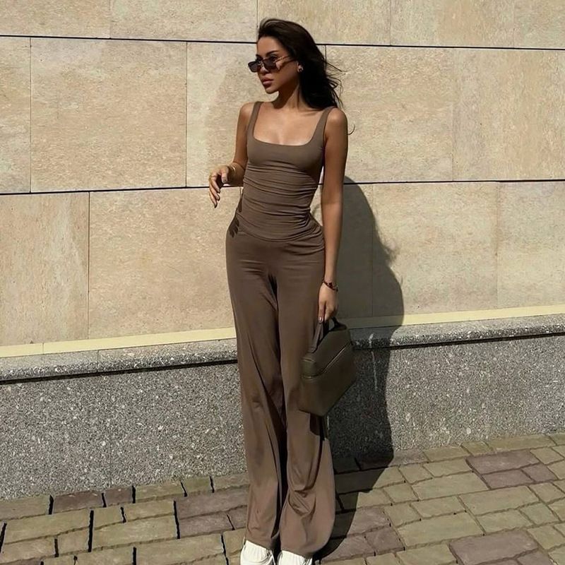 Women's Basic Solid Color Slim Fit Tank Top Loose Straight-Leg Pants Casual Set 2025_ecoleips.com