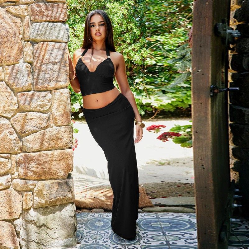 Women's Clothing Two Piece Suit Temperament Metal Decoration Halter Neck Skirt Suit_ecoleips.com