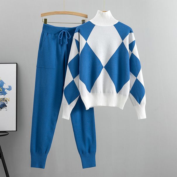 Fashion suits for women new casual knitted plaid sweater two piece suit European goods trend_ecoleips.com