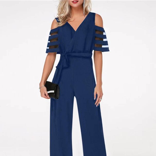 Women's Clothing V-neck strapless solid color high waist party jumpsuit trousers belt women's wide-leg pants_ecoleips.com