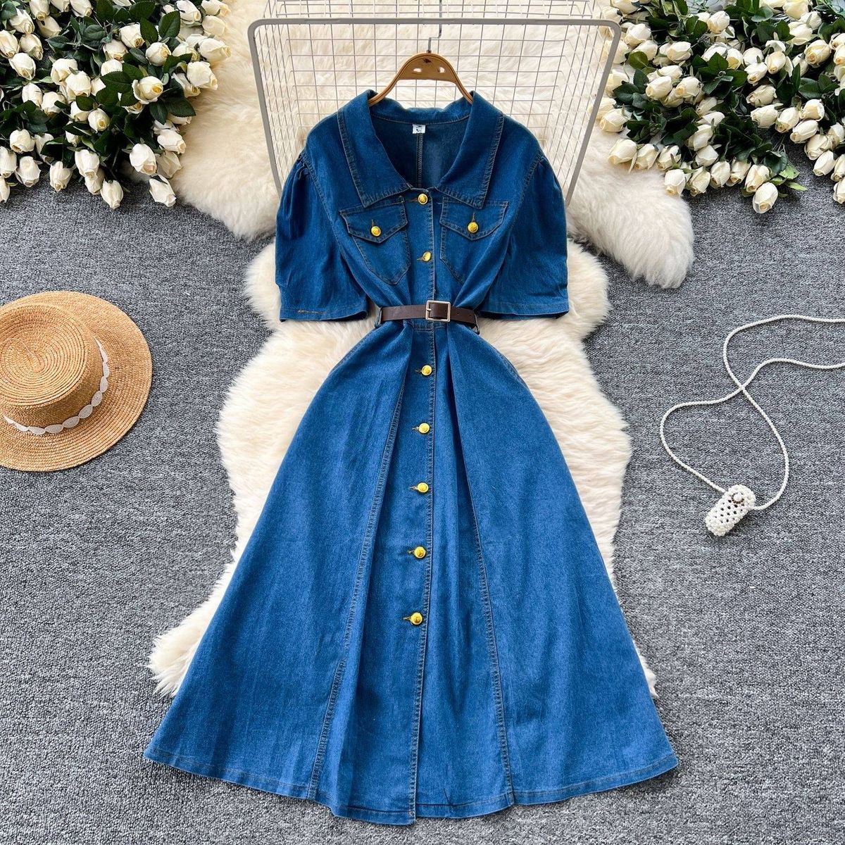 Women's Clothing Summer New Style Light Mature Niche Puff Sleeve Single Breasted Waist Denim Dress Female Slim Long Skirt_ecoleips.com
