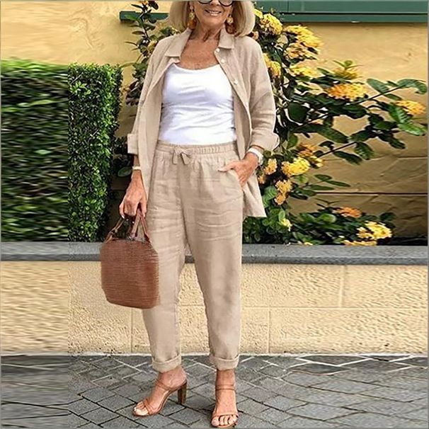 Women's Clothing Women's Autumn Linen Harem Pants Set Solid Color Cotton Linen Loose Fit Long Pants With Belt Retro Style_ecoleips.com