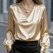 Elegance Puff Sleeve V Neck Satin Long Sleeve Shirt For Women New Relaxed Everyday Wear Comfortable Feshion_ecoleips.com