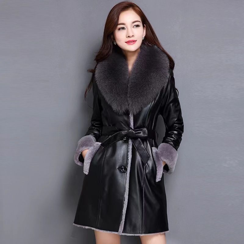 Women's Faux Leather Trench Coat With Faux Fur Collar - Slim Fit Long Winter Jacket, Warm PU Leather Outerwear For Office & Casual_ecoleips.com