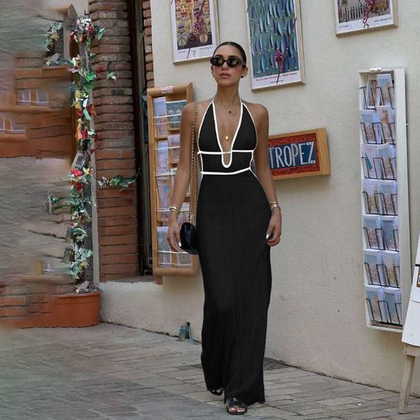 Women’s Clothing Autumn And Winter Women's Clothing New Fashion Contrast Color V Neck Halter Neck Lace Up Backless Knitted Dress_ecoleips.com