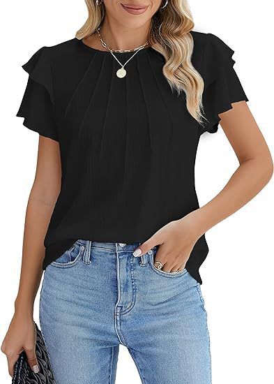 Women's Clothing Women's Formal Casual Summer Pleated Short Sleeved Round Neck Top Business Work Shirt_ecoleips.com