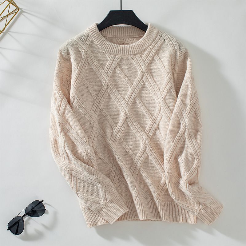 Drizzle Women's Diamond Pullover Sweater Round Neck Loose Fit Autumn Winter New Knitted Top Style_ecoleips.com