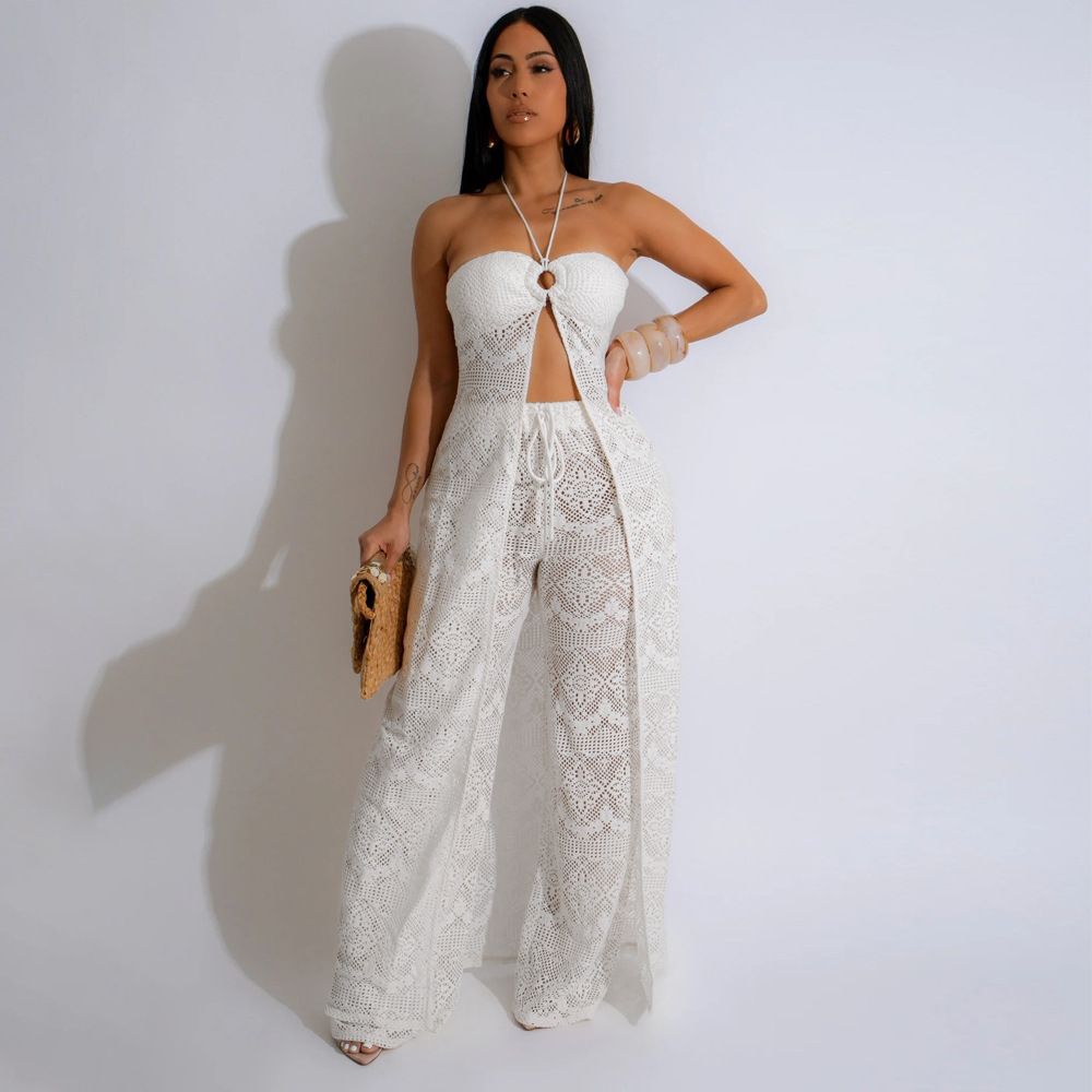 Women's Clothing Sexy Two Piece Suit For Women Fashion Lace Up Top With Loose Wide Leg Pants Suit_ecoleips.com