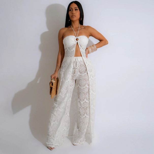 Women's Clothing Sexy Two Piece Suit For Women Fashion Lace Up Top With Loose Wide Leg Pants Suit_ecoleips.com