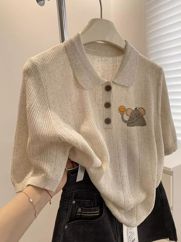 Women's Elephant Embroidery Knit Polo Shirt, Casual Half Sleeve Textured Knit Top, Soft Breathable Collared Blouse For Daily Wear Street Style Summer_ecoleips.com