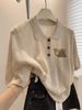 Women's Elephant Embroidery Knit Polo Shirt, Casual Half Sleeve Textured Knit Top, Soft Breathable Collared Blouse For Daily Wear Street Style Summer_ecoleips.com