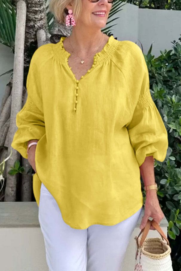 Women's Clothing Spring And Summer Casual V Neck Solid Color Cotton And Linen Long Sleeved Tops_ecoleips.com