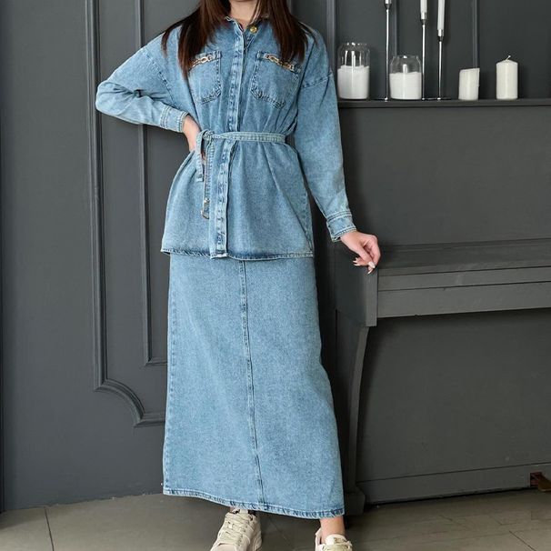 Distressed Denim Jacket & Skirt Set - Vintage Washed Two-Piece Outfit, Comfortable Polyester Blend For Casual & Streetwear Looks_ecoleips.com