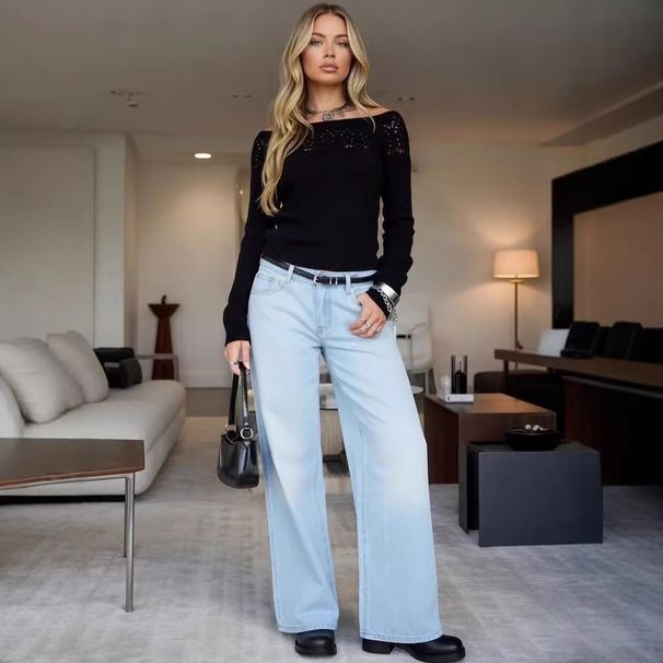 Women's Clothing High Waist Straight Leg Jeans Classic Blue Casual Denim Trousers Loose Fit Washed High Waist_ecoleips.com