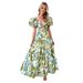 2025 Summer New European And American Vacation Casual Printed Waist-Cinching Puff Sleeve Flared Dress For Women_ecoleips.com