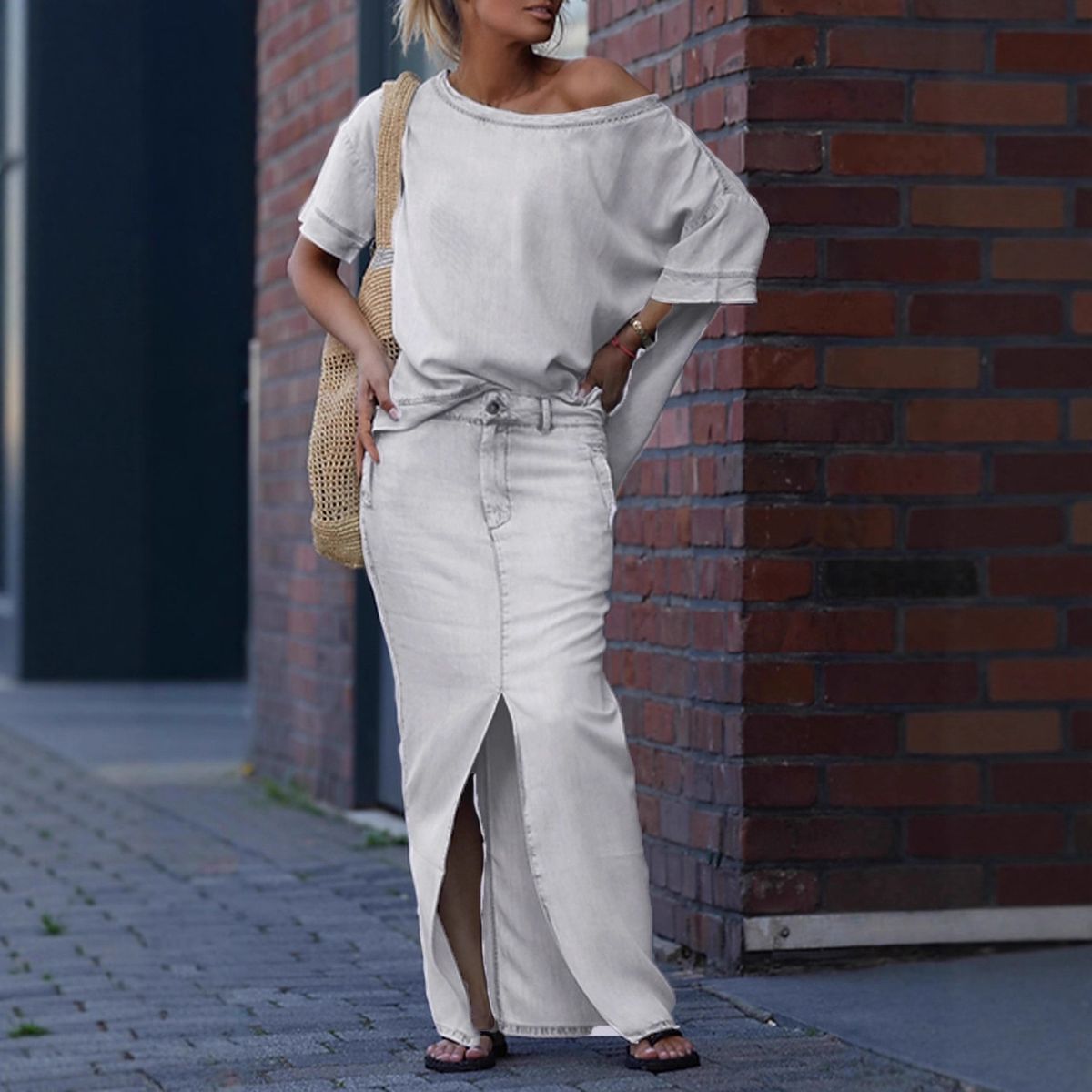 Women's Autumn Winter Silk Imitation Denim Pant Set Off-Shoulder T-Shirt And Slit Skirt Two-Piece Outfit European American Fashion_ecoleips.com