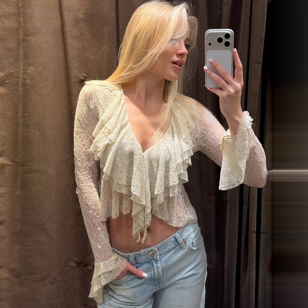 Women's V Neck T-Shirt Pure Sexy See through Bell Sleeve Lace Top European American Style Summer New Arrivals_ecoleips.com