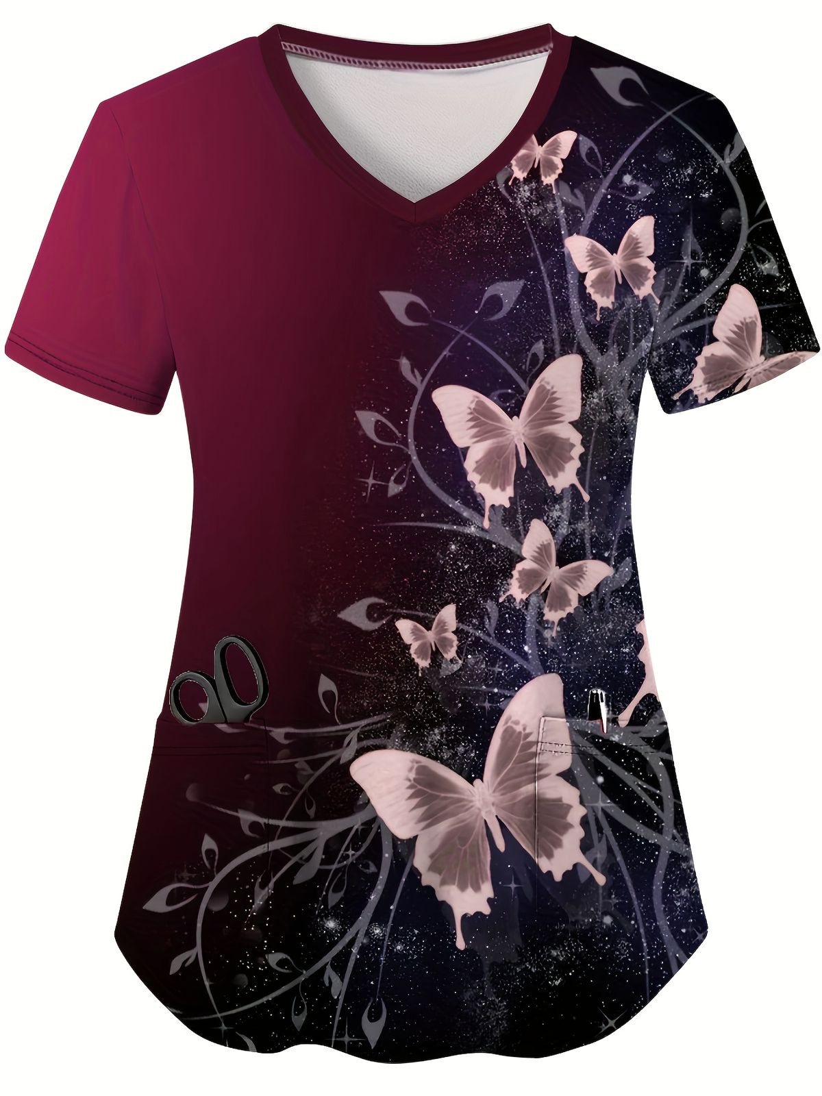 Butterfly Pattern 3D Print Dual Pockets V-neck Top Comfortable Functional Care Short Sleeve Uniform For Nurse Women's Clothing_ecoleips.com