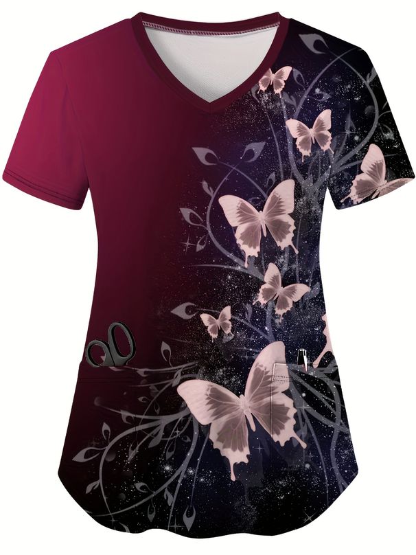 Butterfly Pattern 3D Print Dual Pockets V-neck Top Comfortable Functional Care Short Sleeve Uniform For Nurse Women's Clothing_ecoleips.com