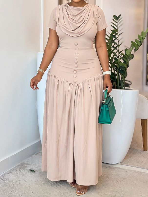 Women's Long Slim Fit Casual Dress Waist Cinching Short Sleeve Elegant_ecoleips.com