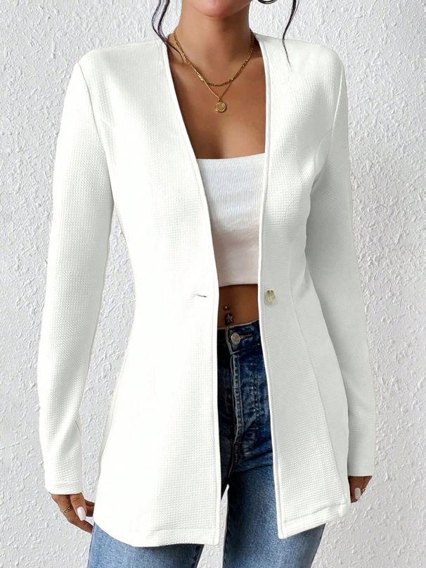 Women's Long Sleeve V Neck One Button Solid Color Suit Jacket European American Fashion Temperament_ecoleips.com