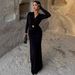 Fashion Elegant Deep V Neck Long Sleeve Autumn Dress With Decorative Belt For Women Sophisticated Fall Cocktail Party Dress_ecoleips.com