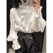Women's Clothing 2025 Spring New Design Unique French Retro Ruffled Stand Collar White Long Sleeve Shirt Top_ecoleips.com