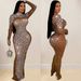 C6890 Cross-Border European And American Fashion Women's Solid Color Mesh Rhinestone Sleeve Long Dress_ecoleips.com