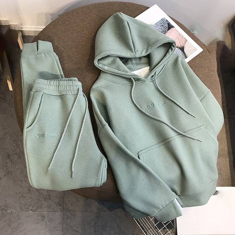 Women's Clothing Autumn And Winter Thickened Velvet Hooded Sweatshirt Suit Letter Sports Leisure Fashion Western Style Two Piece Suit_ecoleips.com